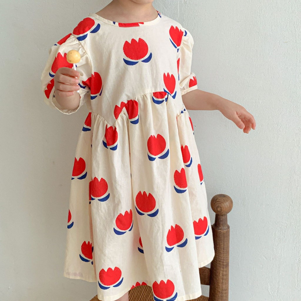 Đầm babydoll thô hoạ tiết phong cách Hàn Quốc cho bé