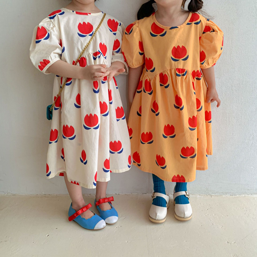 Đầm babydoll thô hoạ tiết phong cách Hàn Quốc cho bé