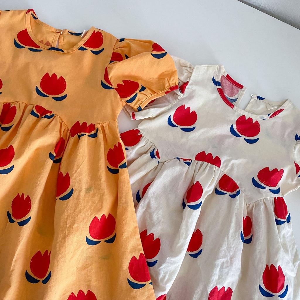 Đầm babydoll thô hoạ tiết phong cách Hàn Quốc cho bé