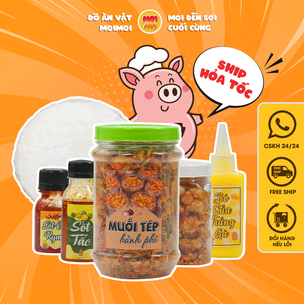 Combo Bánh Tráng Tròn Mỏng Phơi Sương Full Topping+ 2 chai sốt + Gia Vị Trộn Bánh Có Tóp Mỡ Siêu Ngon - Đồ ăn vặt MoiMoi