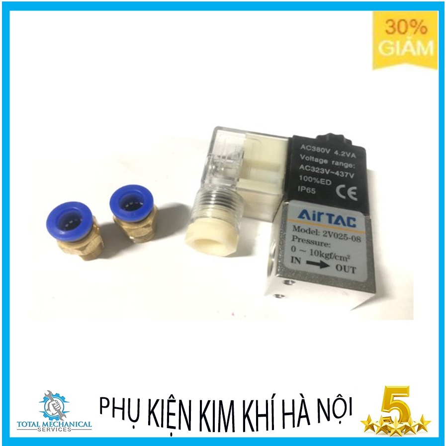 Van điện từ 2 cổng (2V025-08) 380V Airtac tặng 2 đầu nối