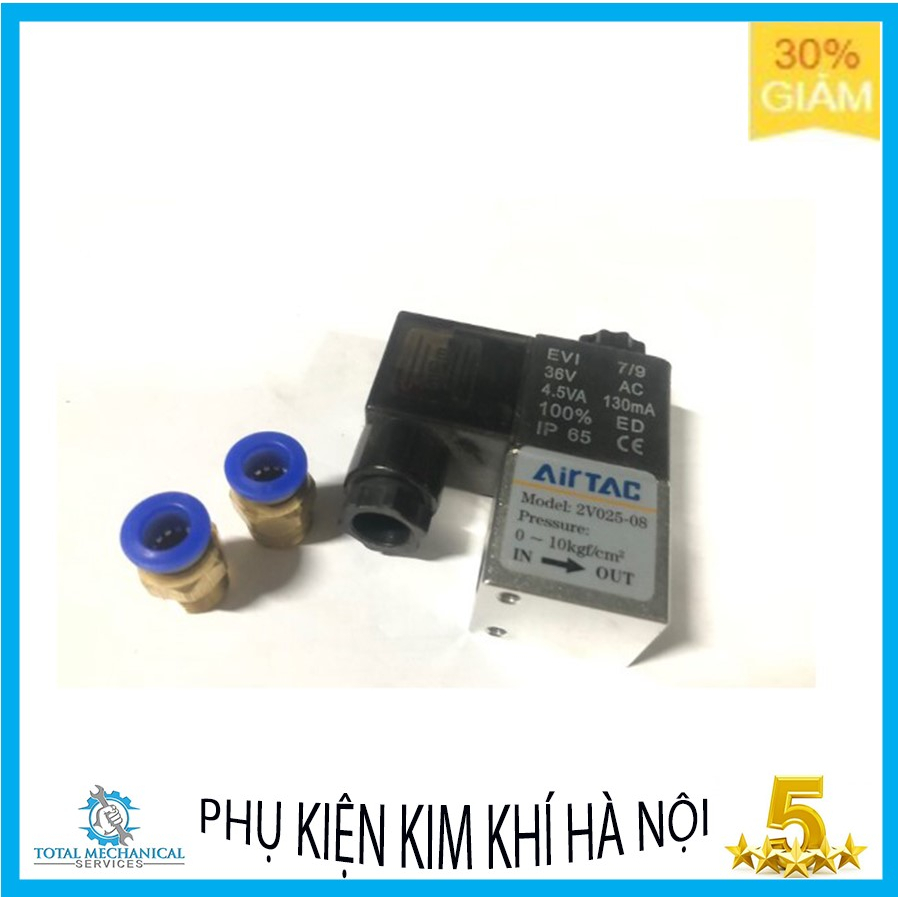 Van điện từ 2 cổng (2V025-08) 36V Airtac tặng 2 đầu nối