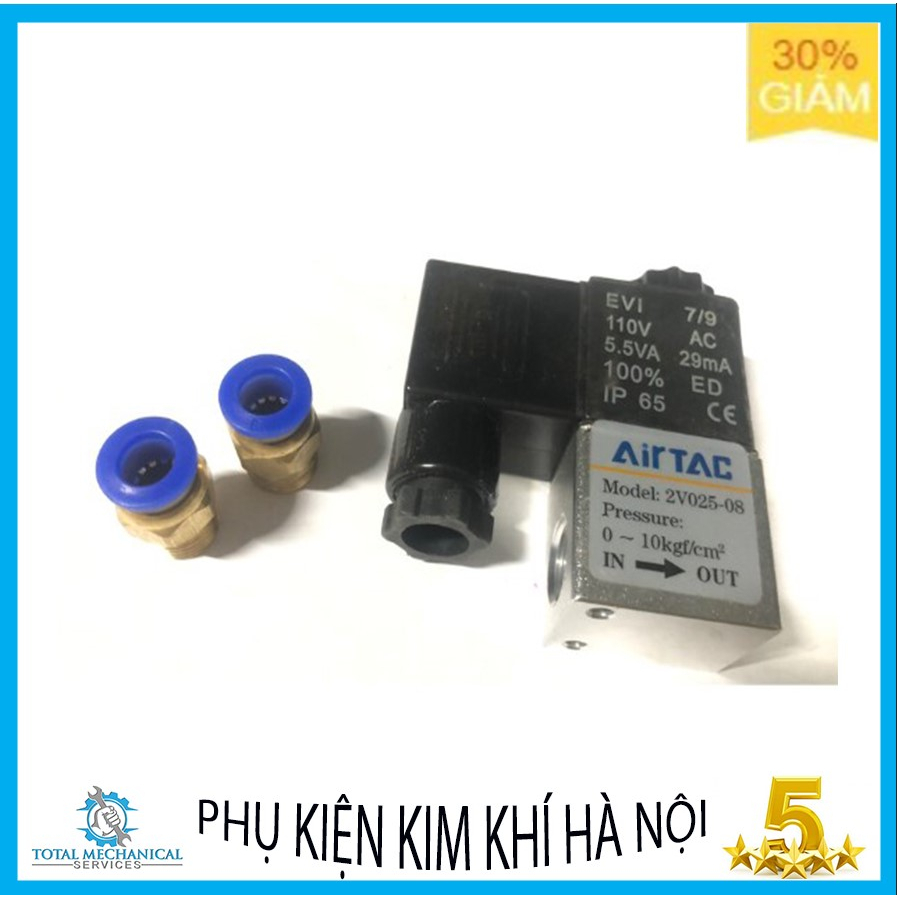 Van điện từ 2 cổng (2V025-08) 110V Airtac tặng 2 đầu nối