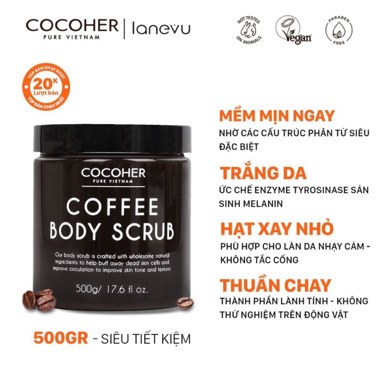 TẨY TẾ BÀO CHẾT TRẮNG DA CÀ PHÊ HỮU CƠ COCOHER - HŨ 500gr