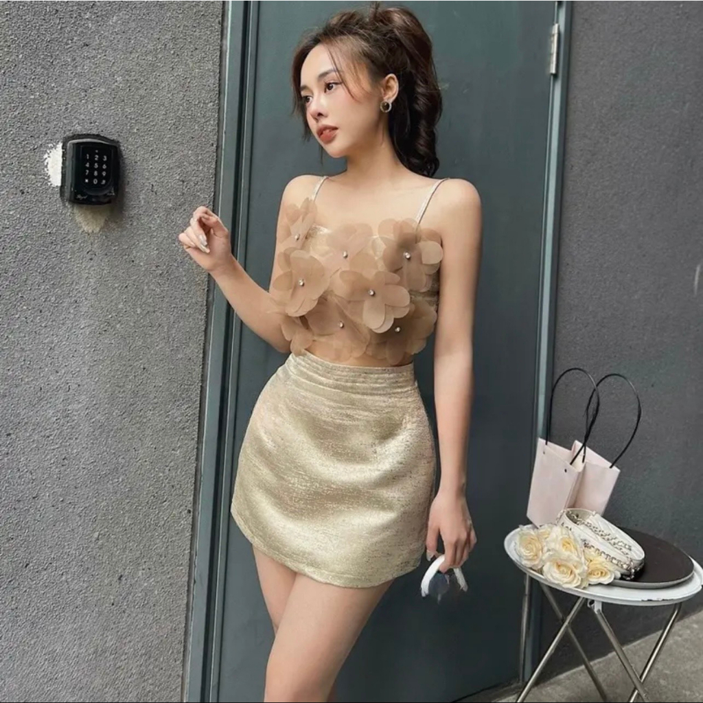 Set áo quây crop top 2 dây đính hoa voan phối chân váy tapta dáng A ngắn thiết kế đi dự tiệc cưới sự kiện dạ hội LEVAN