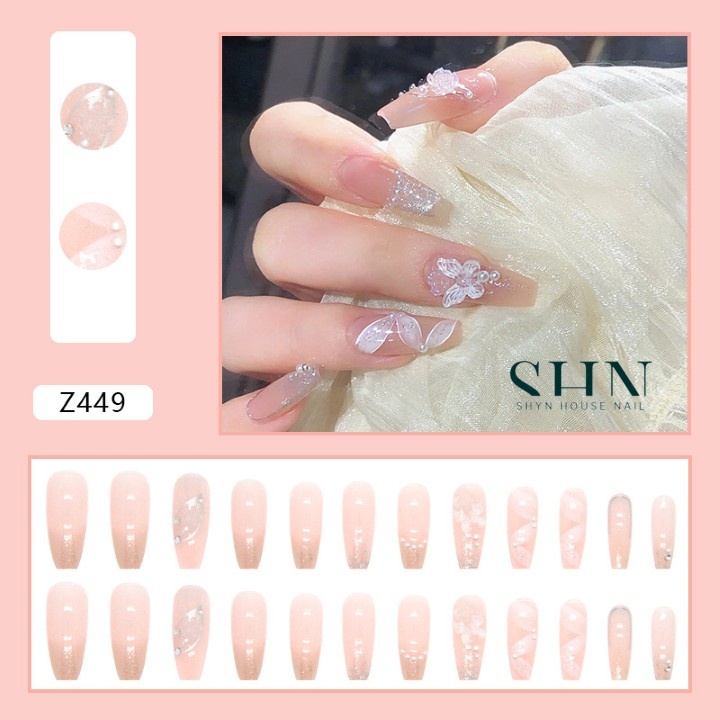 Bộ 24 móng tay giả đính đá dài Z449, Nailbox đính nơ , Nail xinh, Móng giả dáng dài cho cô dâu