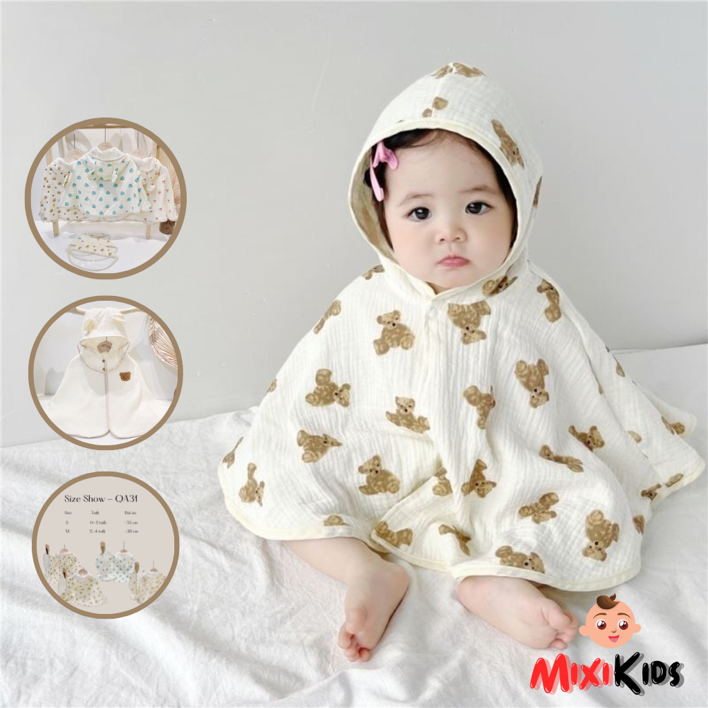 Áo choàng chống nắng, chống gió xô muslin kèm kính chống bụi in họa tiết cho bé Mixi Kids QA31