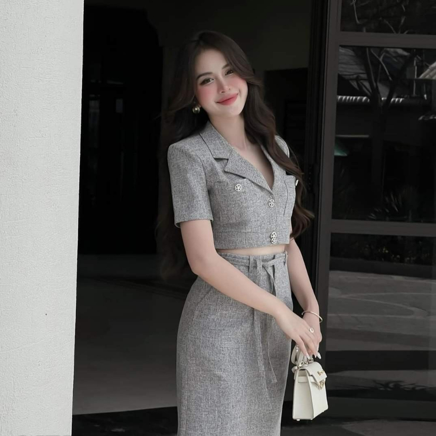 Set áo cổ vest crop top mix chân váy A dáng dài thời trang thiết kế cao cấp công sở đi làm đi họp sự kiện thanh lịch