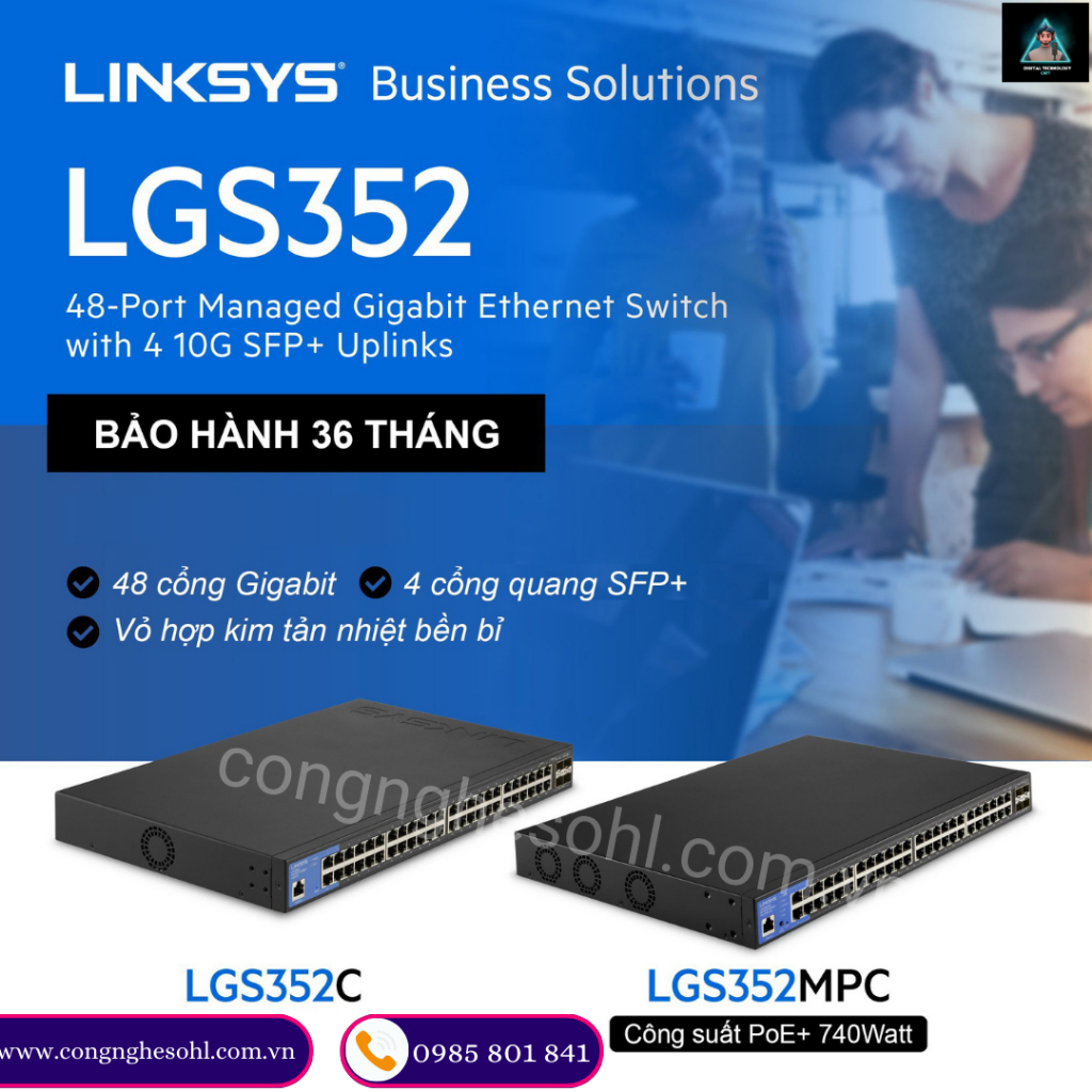 Thiết bị chuyển mạch Linksys LGS352MPC 48-Port PoE+ Managed Gigabit Ethernet Switch with 4 SFP+ Uplinks (740Watt)
