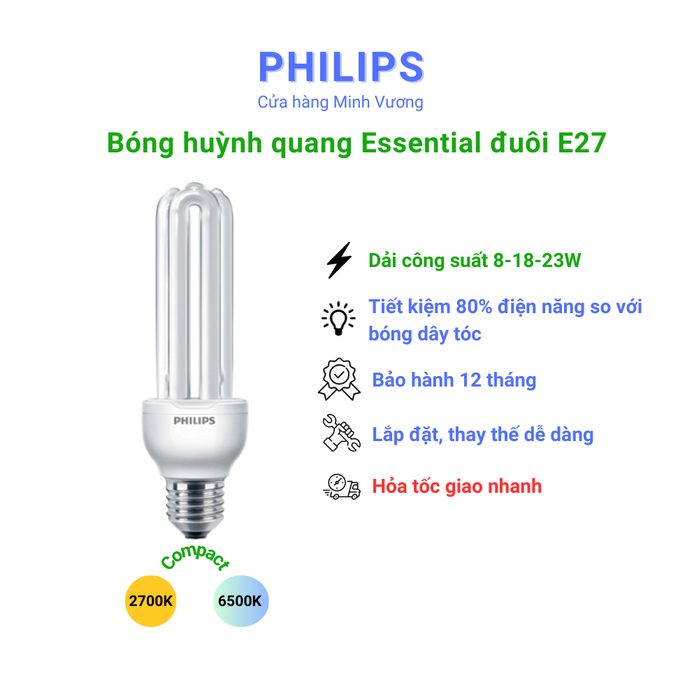 Bóng đèn huỳnh quang compact Philips đuôi vặn E27 Essential