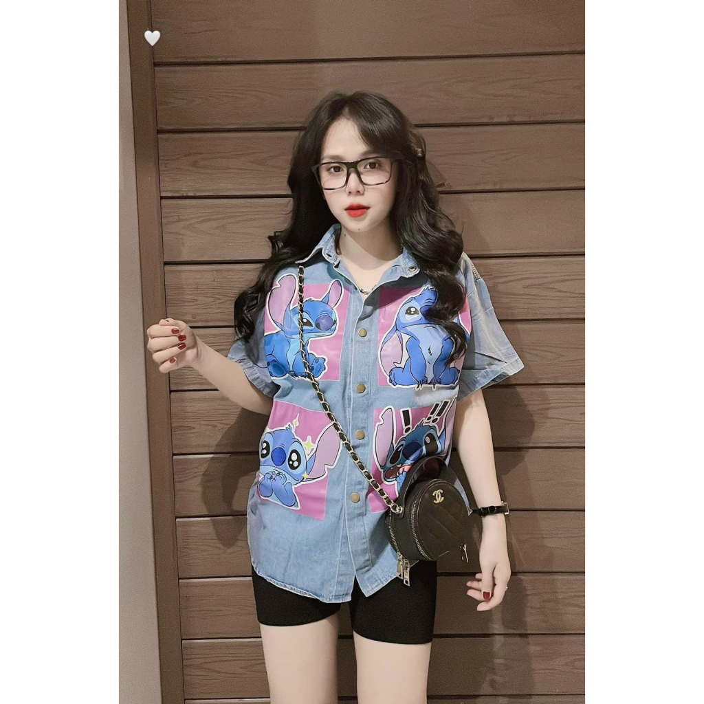 Áo sơ mi jean một túi phối hình vịt tay ngắn
