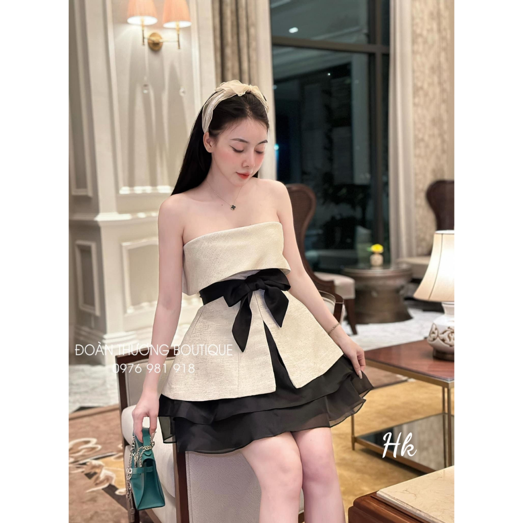 Set áo quây dáng peplum nơ chân ngực phối chân váy xòe 2 tầng thời trang thiết kế đi dự tiệc cưới dạ hội sự kiện LEVAN