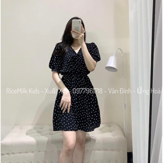 Váy đầm nữ cổ bẻ tay bồng chấm bi đen xuất dư xịn