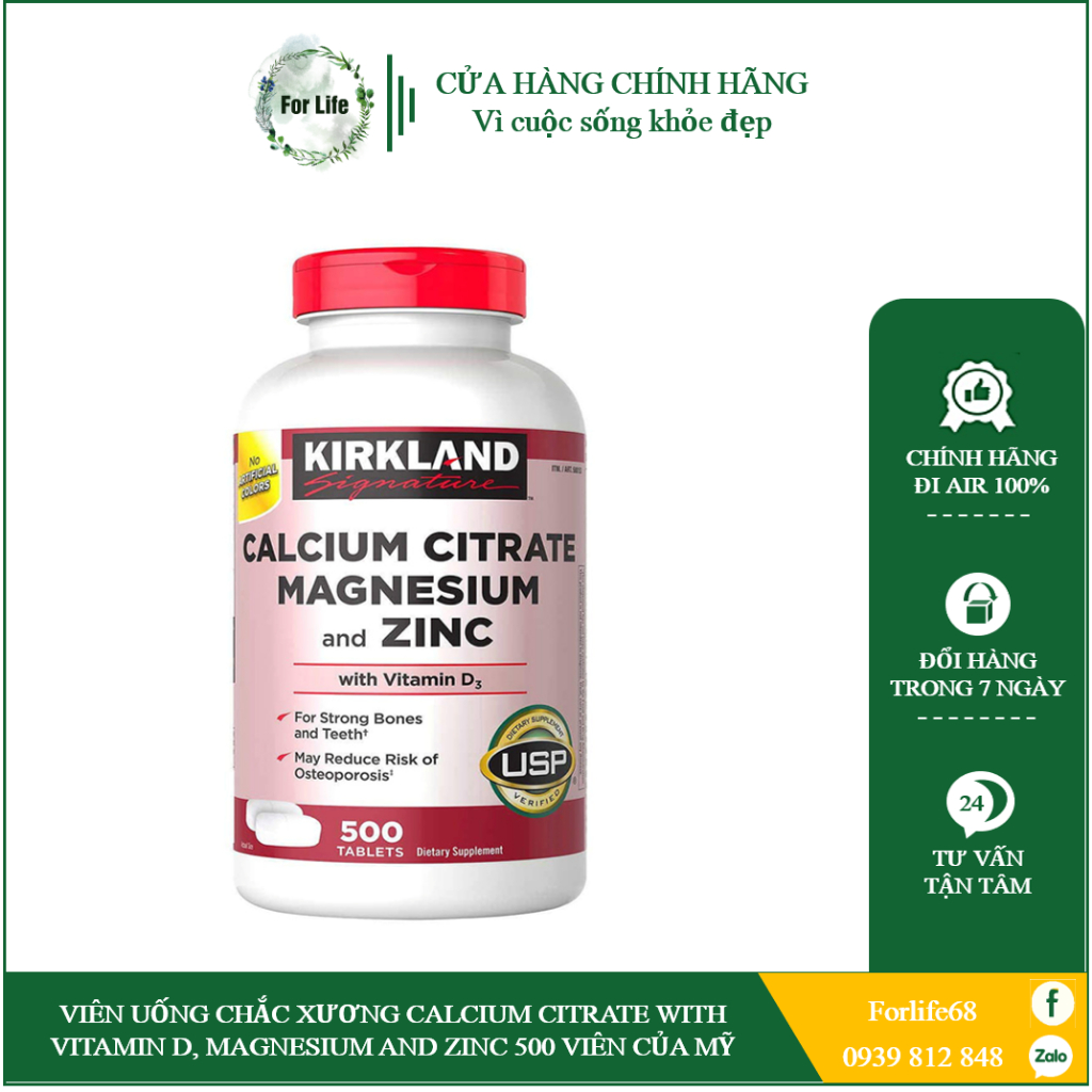 Viên uống Chắc xương Calcium Citrate With Vitamin D, Magnesium and Zinc hộp 500 viên của Mỹ