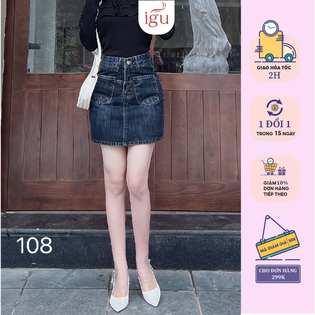 Chân váy jean chữ a IGU lưng cao tôn dáng túi trước kiểu mới trẻ trung M108