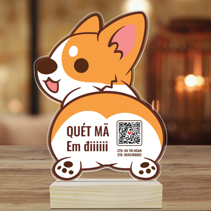 Bảng QR chó đáng yêu để bàn in thông tin số tài khoản in theo yêu cầu