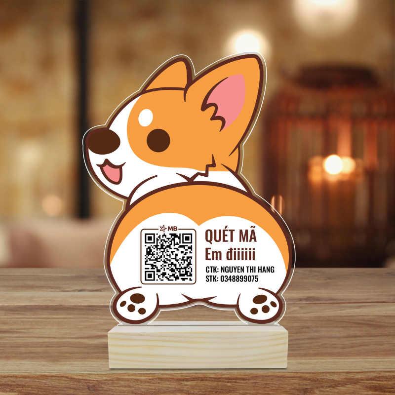 Bảng QR chó đáng yêu để bàn in thông tin số tài khoản in theo yêu cầu