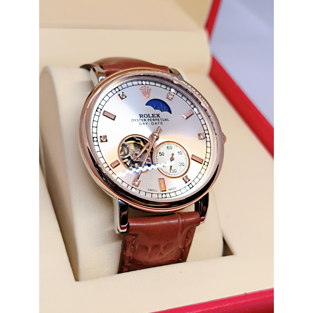 Siêu hót-Đồng Hồ Cơ Nam Rolex Automatic Khung viền thép cao cấp, dây da bò sang trọng, có lịch ngày đêm