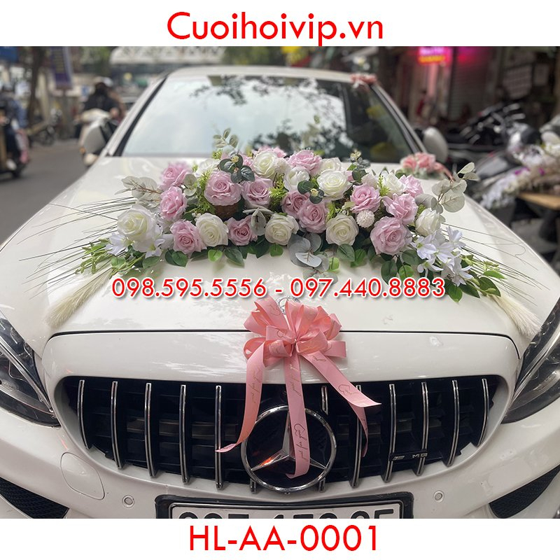 Hoa lụa trang trí xe cưới, xe dâu, xe hoa hot nhất 2023-HL.AA.0001 (gắn nam châm) - Hoa đầu xe, tặng 6 nơ gắn xe