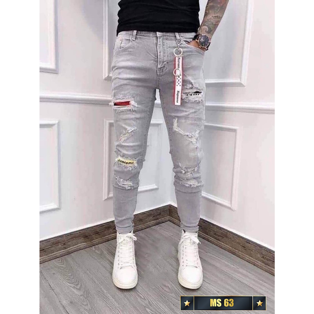 Quần jean nam màu xám kiểu rách in hoạ tiết chất vải denim, Quần dài jean nam cao cấp co dãn cực đẹp Dstore92 sm63