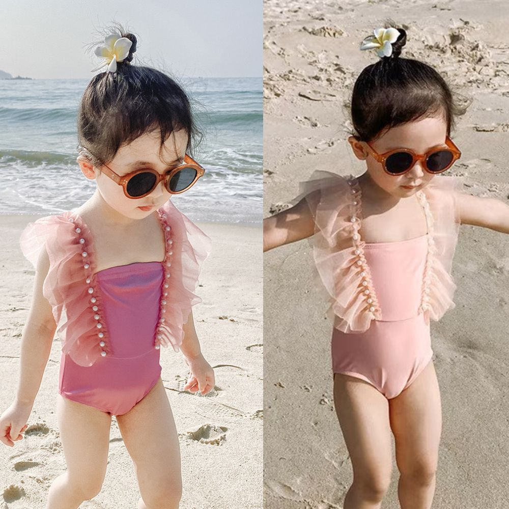 NANA CHAN - Đồ bơi trẻ em hồng phối voan sz 90-140, áo bơi liền quần xinh xắn cho bé đi biển SG147