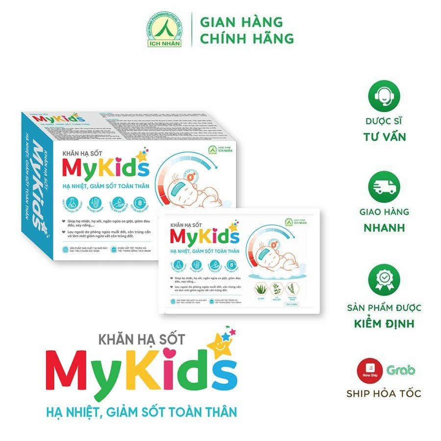 Khăn Hạ Sốt MyKids Ích Nhân Hỗ Trợ Hạ Nhiệt,Giảm Sốt Cho Bé, Giúp Ngăn Ngừa Co Giật Cho Bé - Hộp 4 Gói x 6 Khăn/Gói