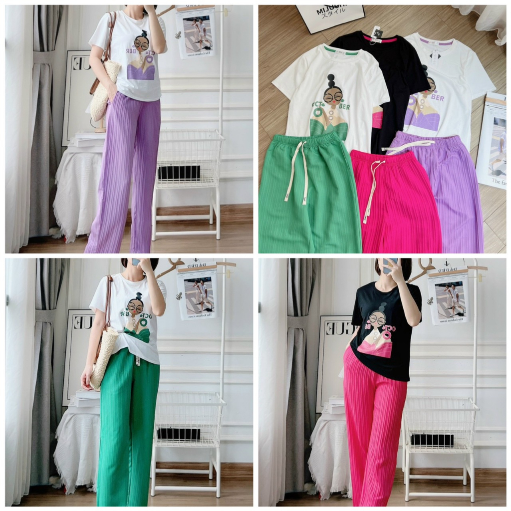 BỘ CỘC TAY NỮ ,SET ÁO PHÔNG CÔ GÁI ĐEO KÍNH QUẦN XUÔNG TĂM GÂN HOTTREND MÃ 123