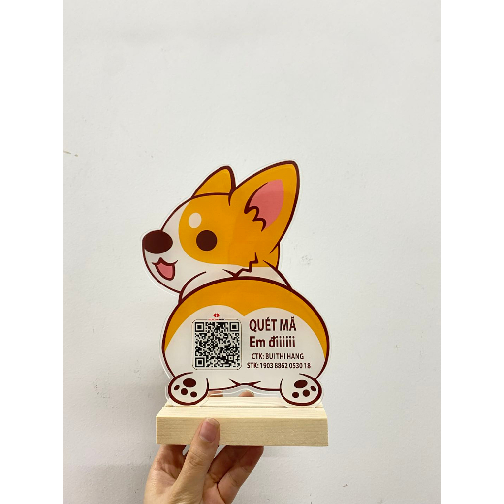 Bảng QR chó đáng yêu để bàn in thông tin số tài khoản in theo yêu cầu