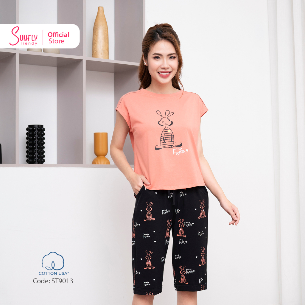 Bộ Đồ Mặc Nhà Nữ Cotton SUNFLY Áo Cộc Quần Ngố ST9013