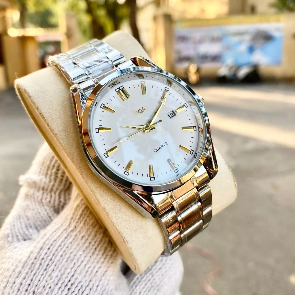 Đồng Hồ OMG Nam Dây Thép Khung Thép Có Lịch Ngày Kính Cong Máy Quartz Sang trọng lịch lãm