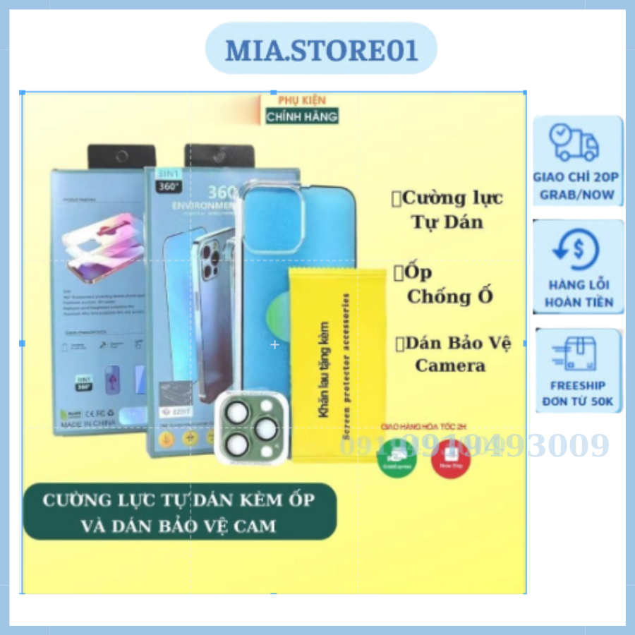 Kính cường lực 3in1, Kính có khung tự dán kiêm ốp điện thoại, tặng kèm mắt camera MIA STORE