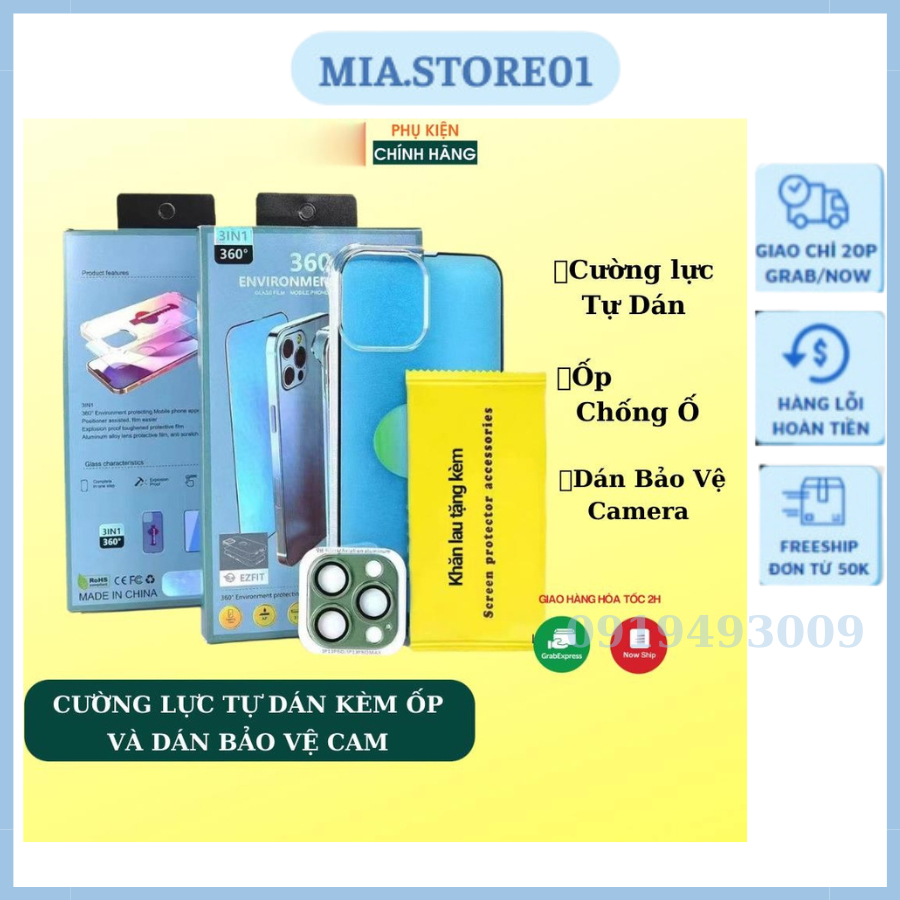 Kính cường lực 3in1, Kính có khung tự dán kiêm ốp điện thoại, tặng kèm mắt camera, Bảo vệ điện thoại toàn diện