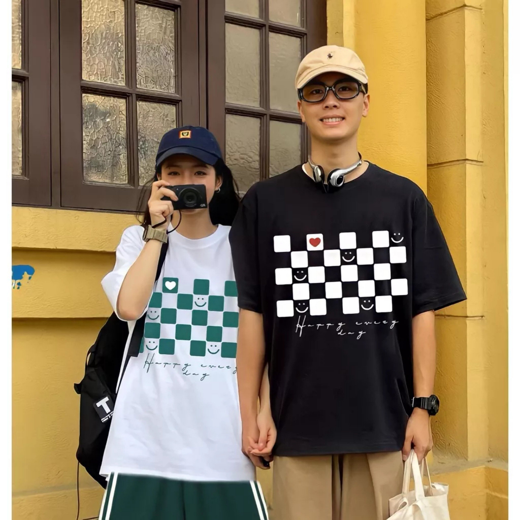 Bộ Áo Thun Ô Vuông Quần Short Kẻ Sọc Ống Rộng 2 Màu - Set Đồ đôi Áo Phông Nam Nữ In Hình Kèm Quần Đùi