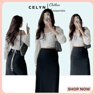 Áo croptop đũi trễ vai cổ sơ mi lật Celyn.clothes