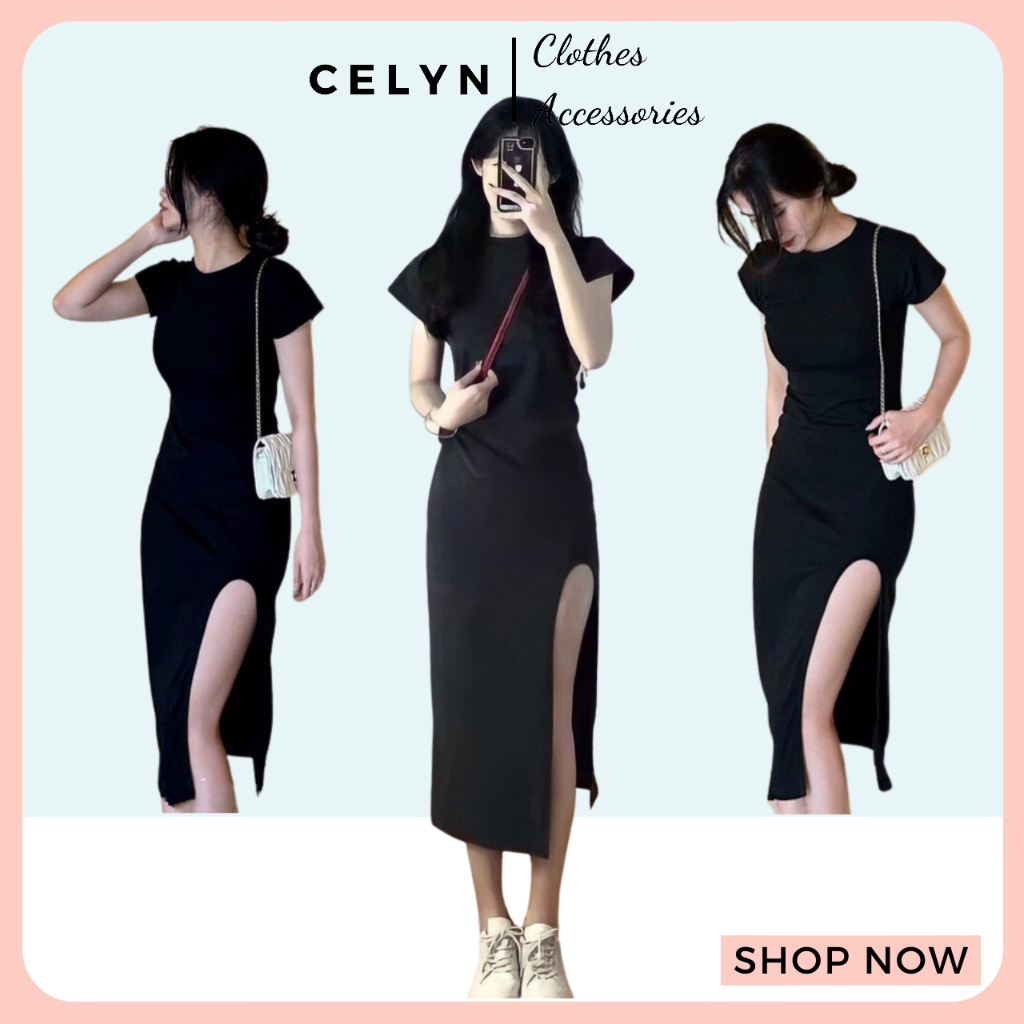 Váy đầm thun zip đen trơn dáng dài ôm xẻ tà cao cách điệu cá tính Celyn.clothes