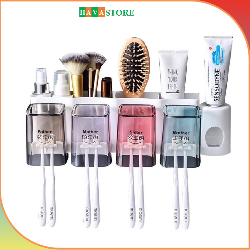 Kệ để bàn chải đánh răng nhả kem tự động thông minh giá treo 4 cốc dán tường để đồ dùng cho nhà tắm Kệ 4 ngăn đựng kem đ