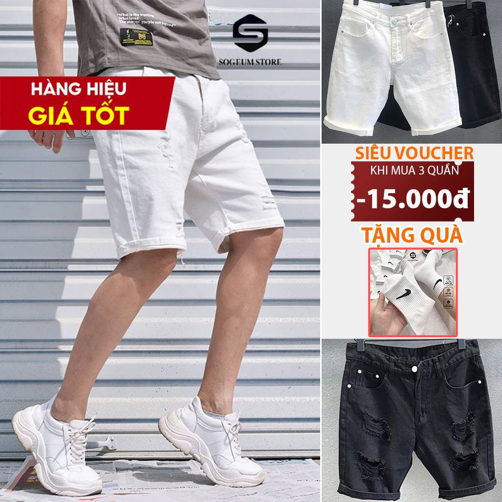 Quần Short đùi Jean Nam Trắng Đen Co Giãn, Quần Sooc bò trơn và rách thời trang Hàn Quốc QS01
