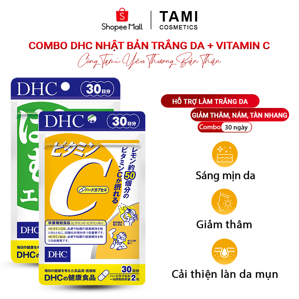 Combo 30 ngày hỗ trợ làm trắng da, giảm thâm, nám, tàn nhang, viên uống sáng da Adlay Extract và Vitamin C DHC Nhật Bản.