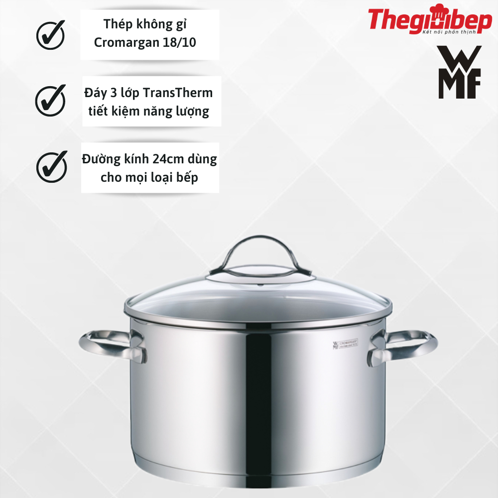 Nồi Canh Thép Không Gỉ WMF Provence Plus 24cm 5,7L Đáy 3 Lớp Nguyên Khối Dùng Cho Mọi Loại Bếp