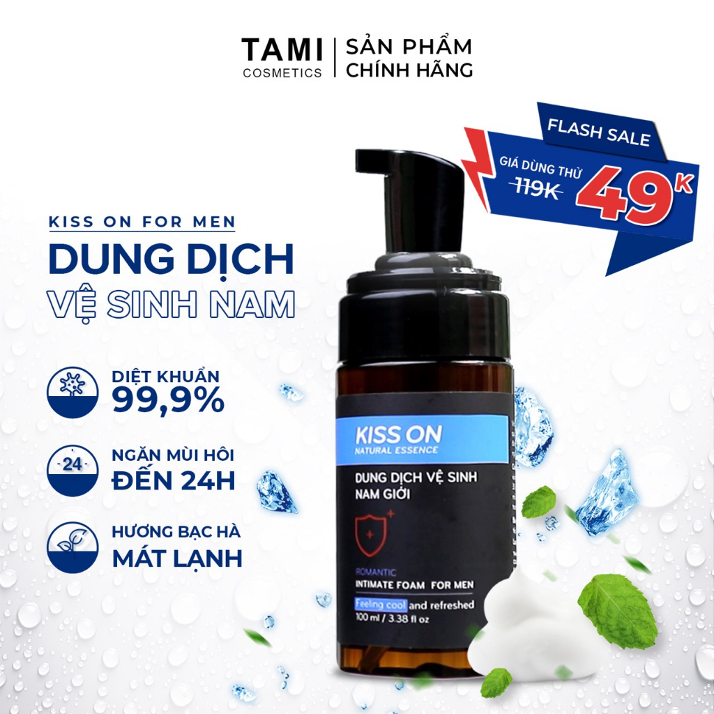 Dung dịch vệ sinh nam giới tạo bọt Kiss On 100ml, ddvs bạc hà tươi mát giúp làm sạch sâu, diệt khuẩn, khử mùi 24h.