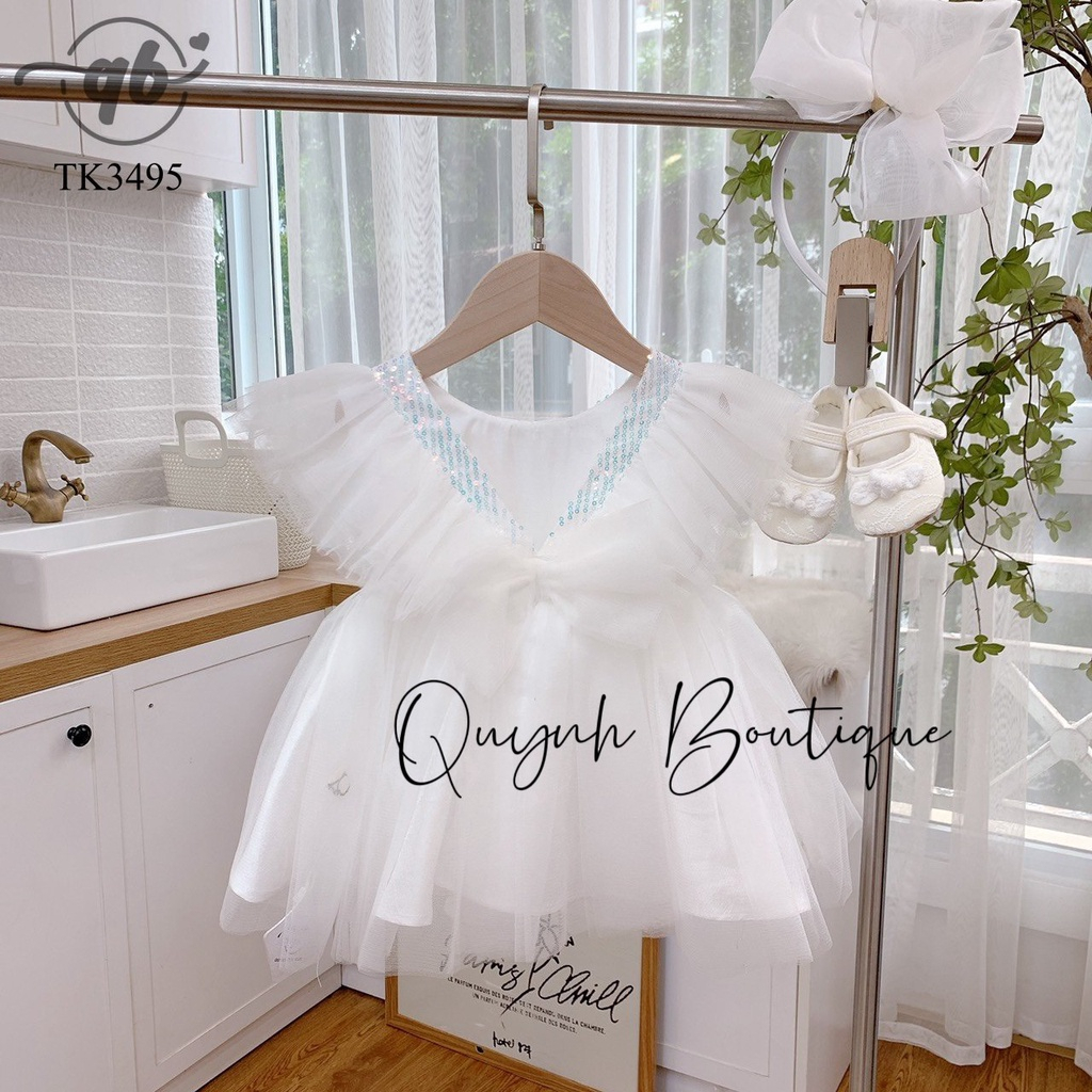 Váy Bé Gái Quỳnh Boutique-Mẫu Váy Ren Trắng Cổ V Nơ Lưng Siêu Yêu Cho Bé