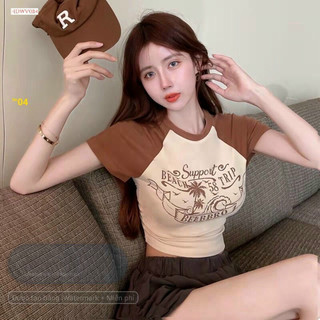 áo croptop cổ tròn ôm body nữ  cổ tròn tay ngắn, áo thun croptop kiểu sexy in họa tiết utrrb