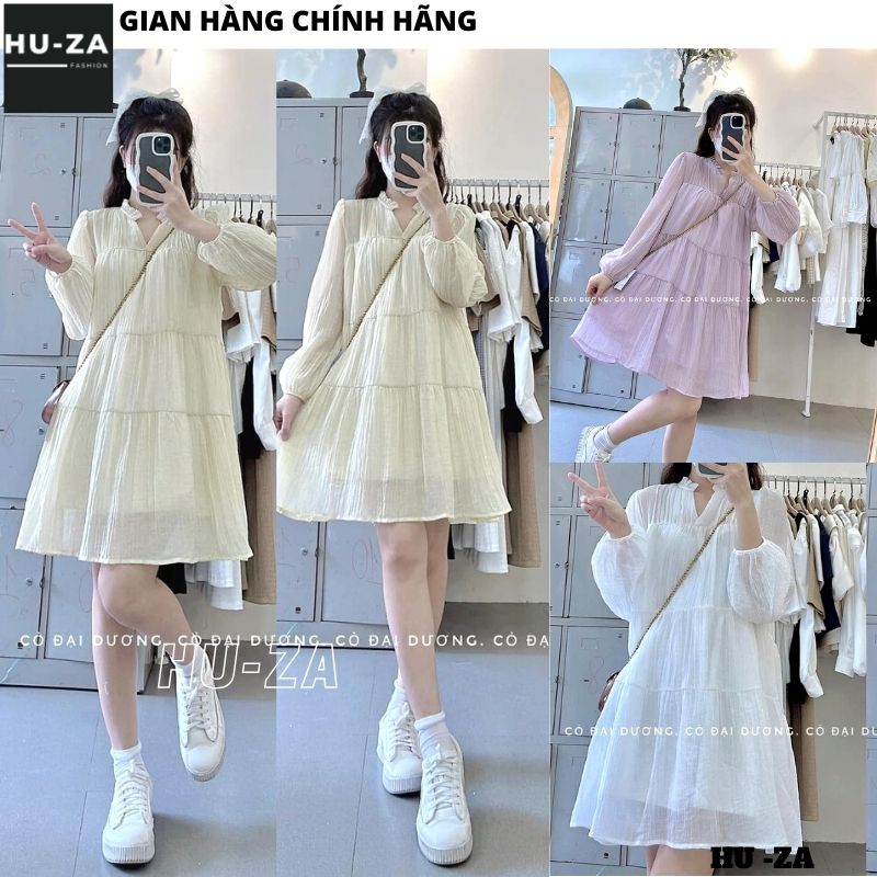 Váy babydoll chất đũi nhăn tơ mặc mát - Đầm xòe ngắn tay tài bo xinh xắn ngọt ngào hàn quốc hot HUZA V104