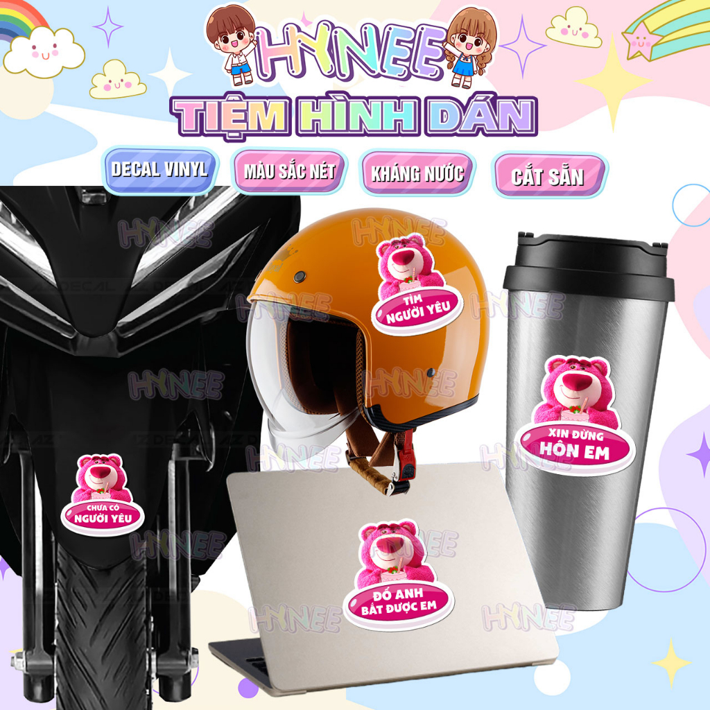 Tem Dán Xe Gấu Dâu Lotso Kháng Nước - Sticker Dán Xe Hộ Nghèo Gấu Dâu Cắt Sẵn Dùng Dán Xe Máy, Dán Xe Đạp, Nón Bảo Hiểm