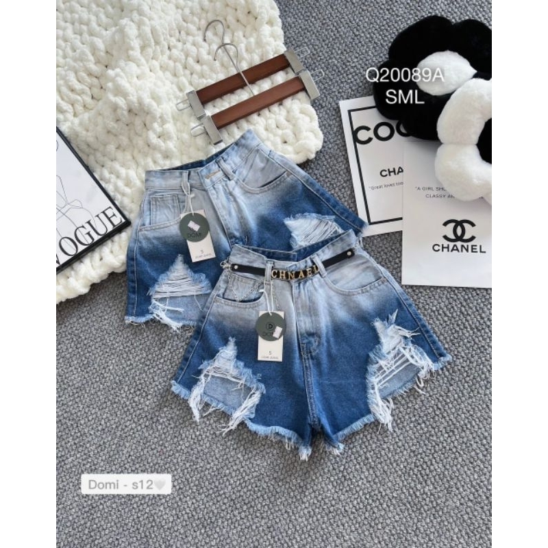 Quần short jeans nữ wash phối màu rách tua rua ,quần sooc bò denim cạp cao rách cắt gấu phong cách ulzzang