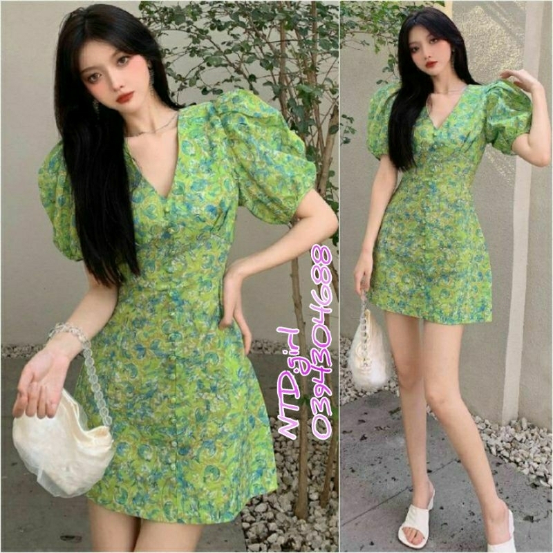 Đầm dáng xòe ôm nhẹ hoa nhí xanh, váy kate lụa dạo phố tay phồng cổ V - DTH