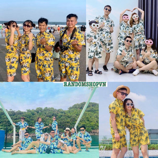 Đồ bộ đi biển, đồng phục đi biển gia đình hoạ tiết cây dừa chất liệu kate thái mềm dày mịn.