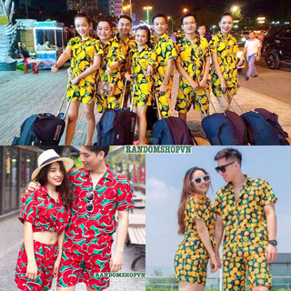 Đồ bộ trái cây đi biển chất liệu kate thái họa tiết dưa hấu cam chuối thích hợp làm đồng phục gia đình đi biển