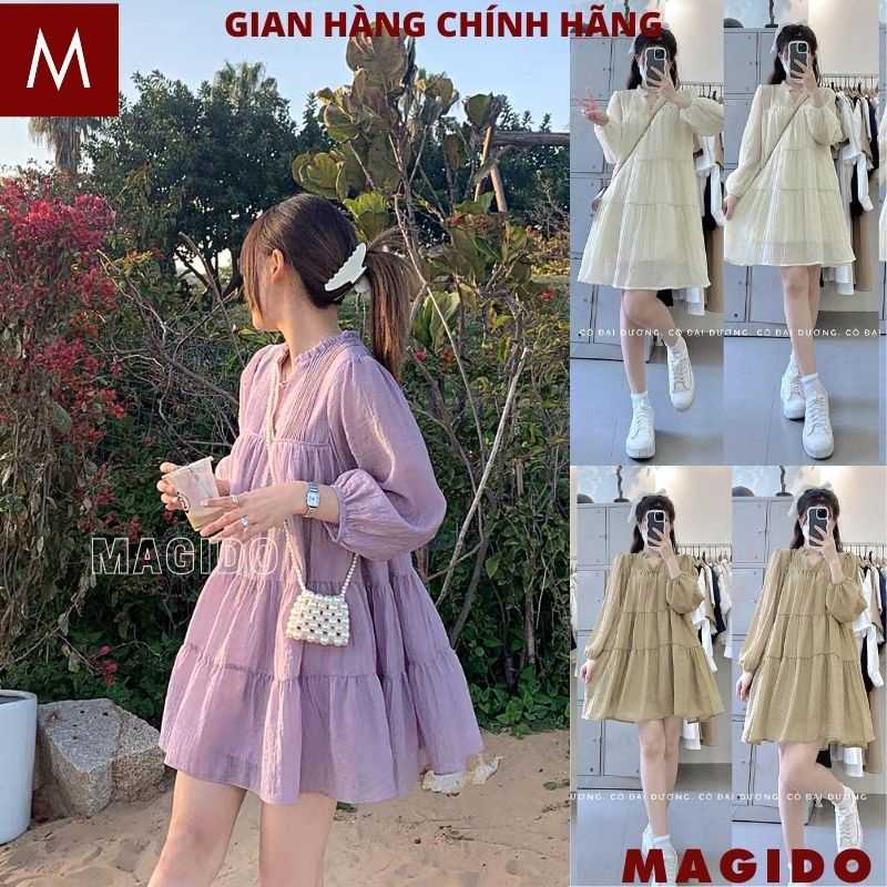 Đầm đũi tơ nhăn dáng xòe - Váy babydoll ngắn tiểu thư tay phồng dài bo xinh xắn bánh bèo ulzzang MAGIDO V104
