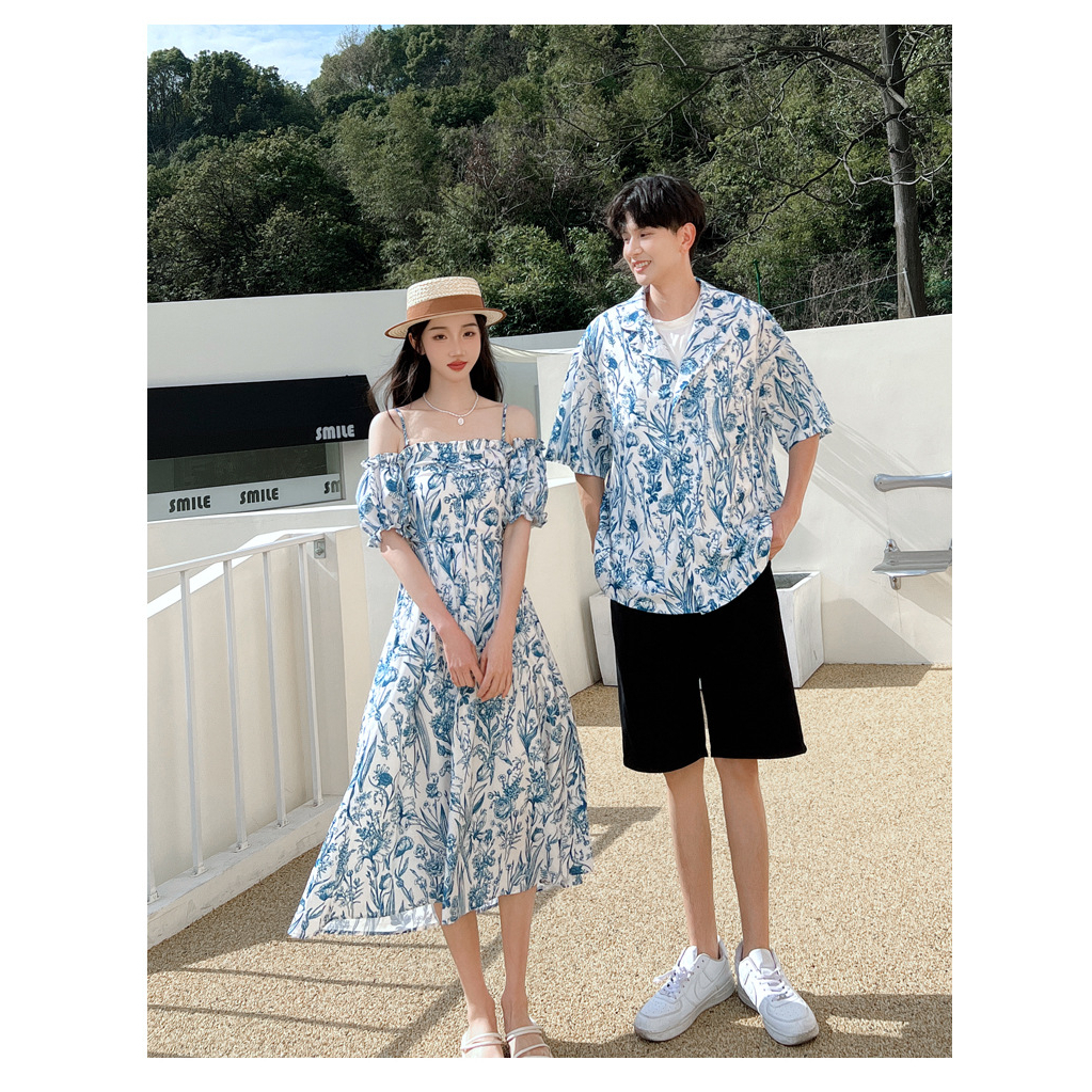 Đồ đôi nam nữ đẹp 🎀FREESHIP🎀 Set áo váy đôi, nữ váy dài hai dây hở vai nam sơ mi màu xanh đi biển chất đẹp AV112